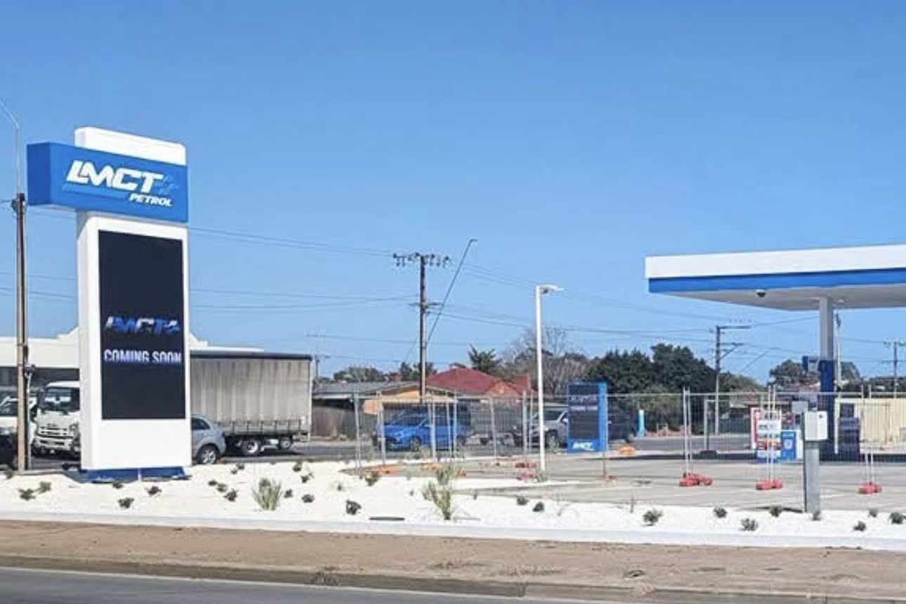 The new LMCT+ petrol station on South Road at Edwardstown, its sign reading Coming Soon, before opening day