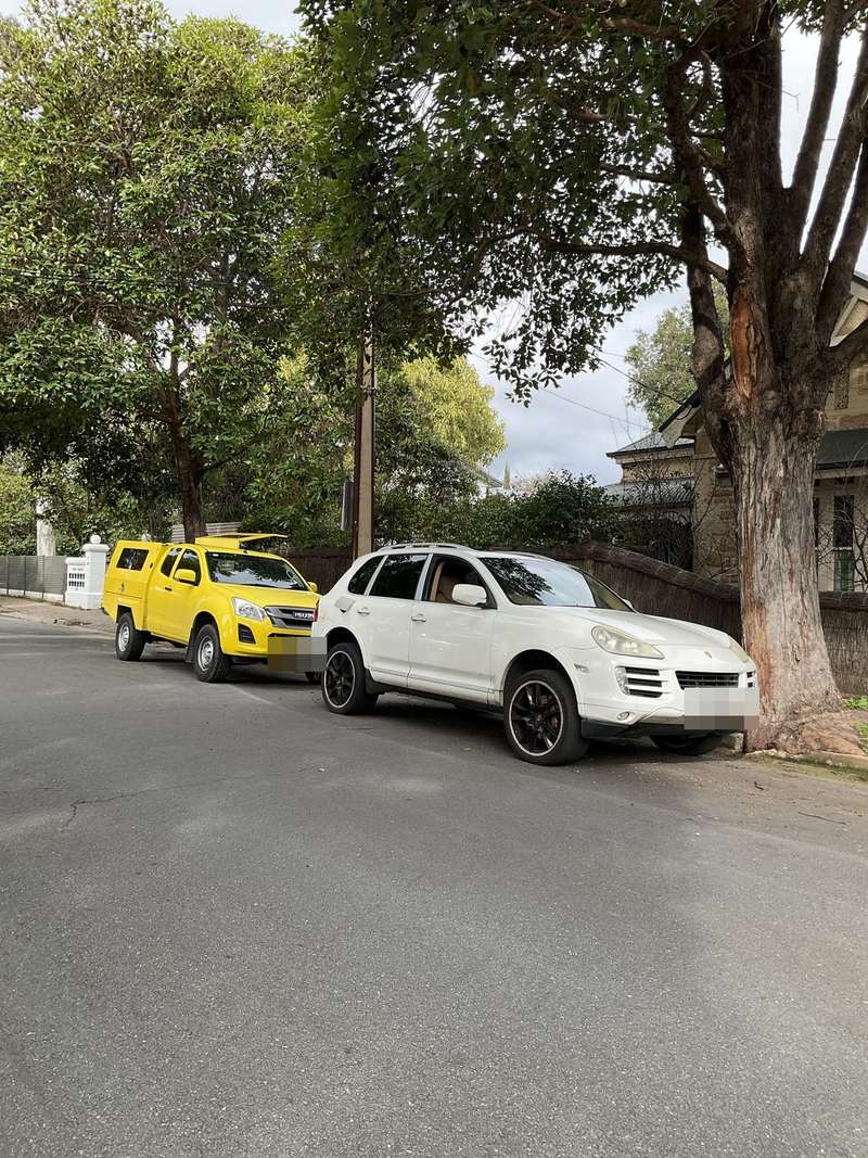 White Porsche Cayenne and yellow service ute parked on a tree lined street, Hyde Park